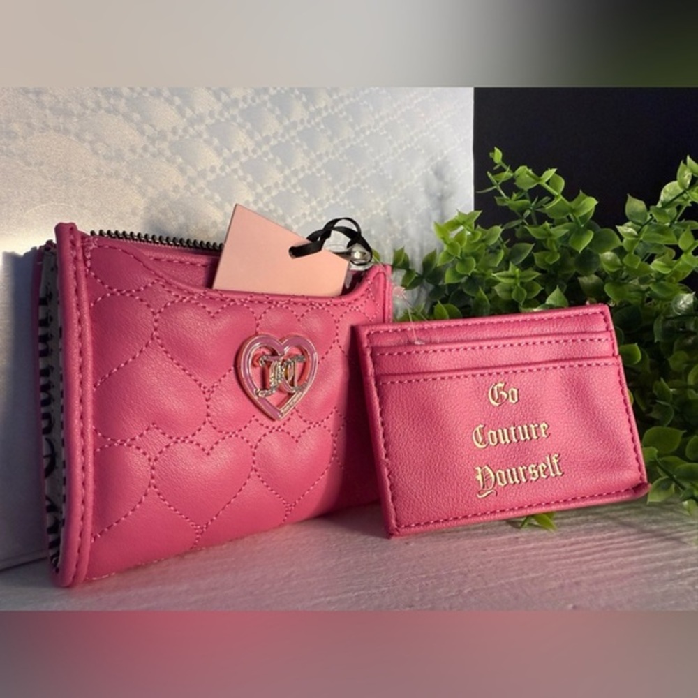 Juicy Couture Juicy Pink Heart Quilted Bifold Wallet & Cardholder Set NWT